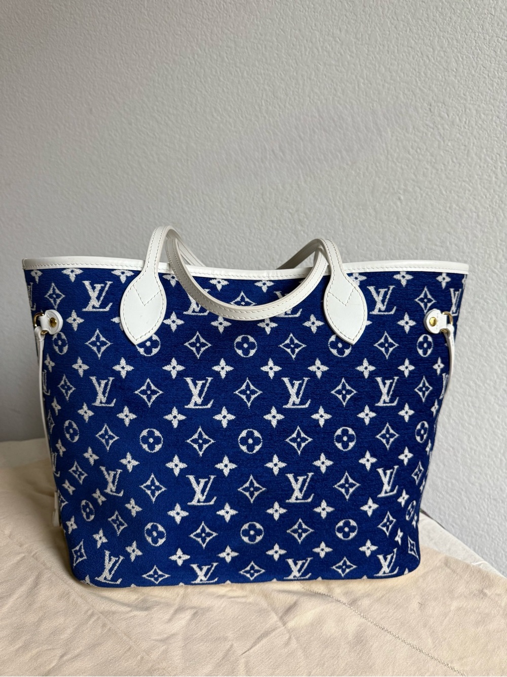 Louis Vuitton Neverfull MM Jacquard Velvet Monogram Shoulder Bag Blue